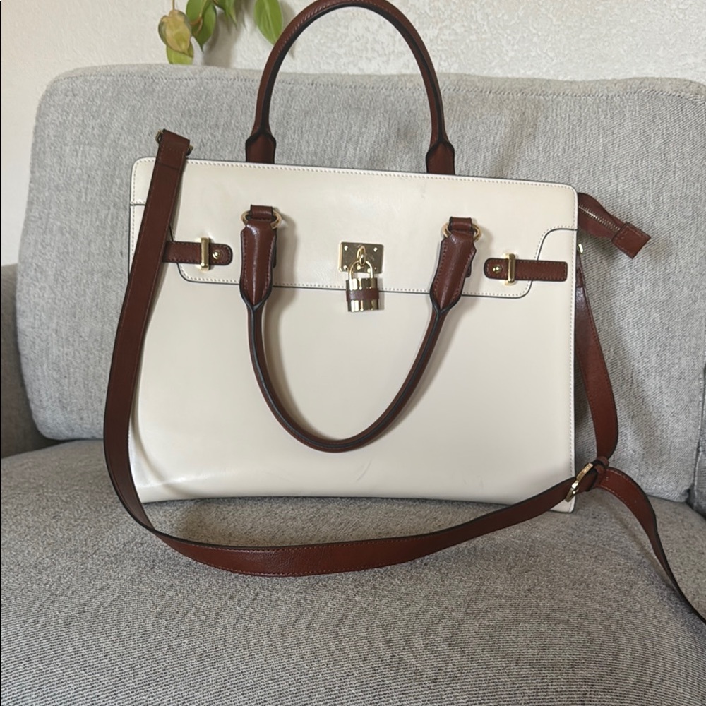 Bostanten Elegant Cream and Brown Satchel with Gold Accents